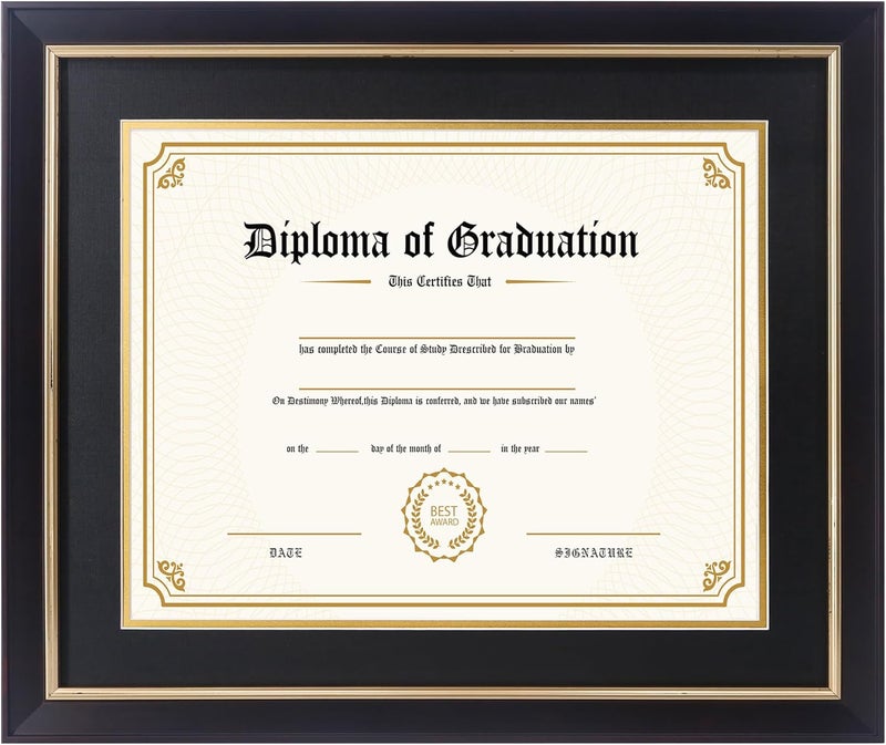FramePro 11x14 Diploma Frame with Black over Gold Mat, 14x17 Certificate Frame, Real Wood with Gold Trim, Black Frame with Arcylic - Image 1